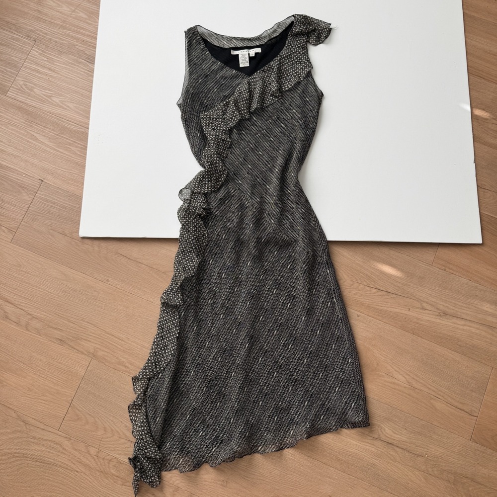 Y2K Studio M Silk Ruffle Dress Black White Geometric Asymmetrical Sleeveless S